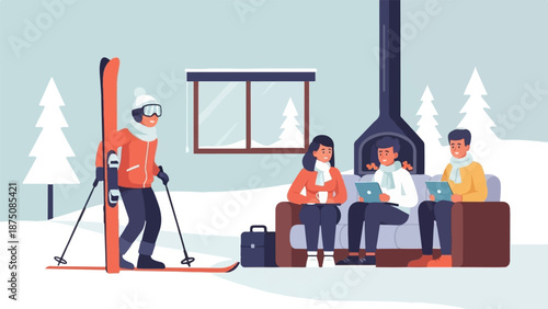 Ski enthusiast outside a cozy winter cabin where friends relax by the fireplace with laptops and hot drinks