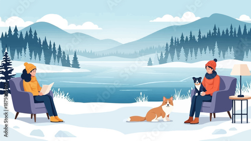 Two people relaxing with dogs in a snowy winter landscape with a frozen lake and pine forests