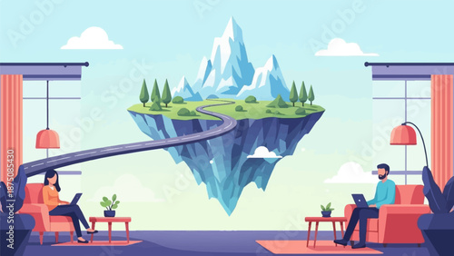 Two people remote working at home, connected by a road leading to a whimsical floating island with mountains