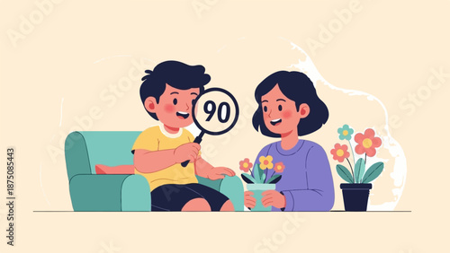 Smiling boy shows a '90' score with a magnifying glass to a happy girl holding potted flowers