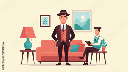 Two cartoon men, one in a suit and hat standing, another sitting and reading, in a cozy living room