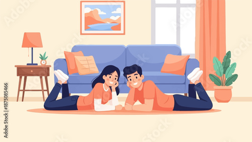 Smiling couple relaxing on the floor in a cozy living room with a blue couch and house plants