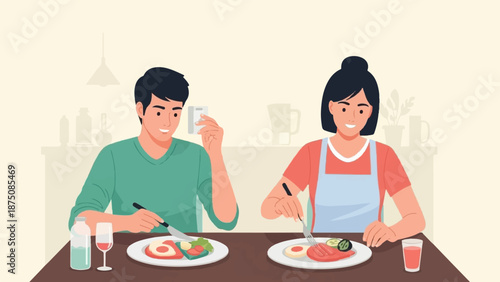 Smiling couple enjoying a meal at a table, with plates of food, drinks, and kitchen item silhouettes