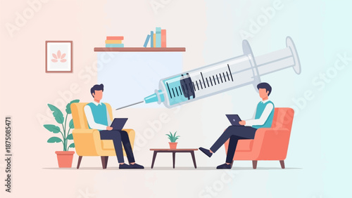 Two people sit in armchairs with laptops, a large syringe floats between them in an indoor setting