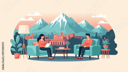 Two people sit in armchairs, writing notes. Serene backdrop of mountains, buildings, and green plants