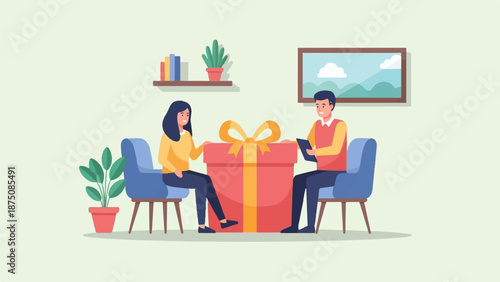 Two people sit facing a large gift box in a room with plants and a landscape painting