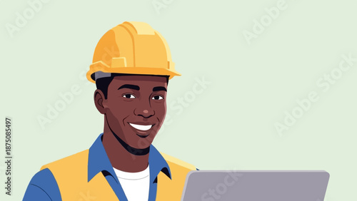 Smiling Black construction worker in hard hat and safety vest, working on a laptop