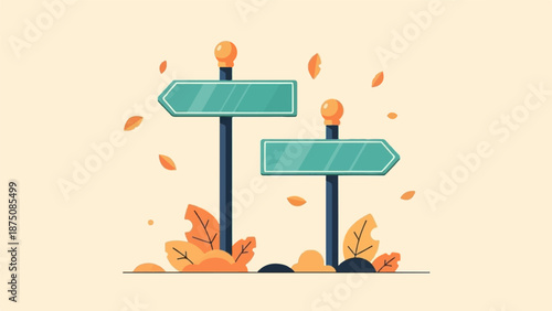Two blank turquoise direction signs with orange leaf accents on a light background, symbolizing choice