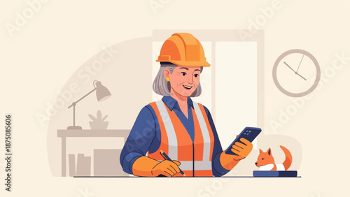 Smiling older woman in construction gear works at a desk, holding a phone with a small fox nearby