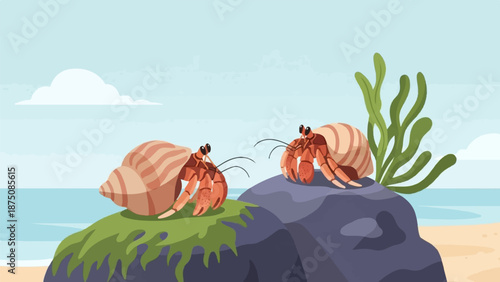 Two colorful hermit crabs rest on mossy rocks by the calm ocean shore under a blue sky