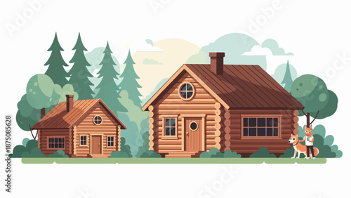 Two cozy wooden log cabins nestled in a lush forest with tall trees, bushes, a fox, and a dog