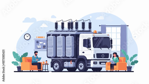 Two people work and relax in armchairs, centered around a large mobile transformer truck indoors