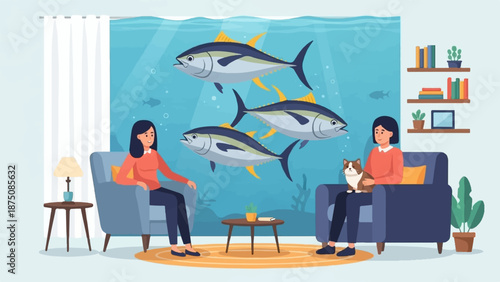 Two women relaxing in a living room with a giant aquarium featuring large fish and a cat