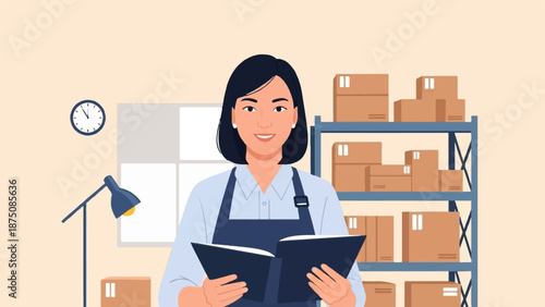 Smiling woman in blue apron holding a book in a warehouse setting with shelves stacked with cardboard boxes
