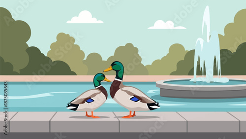 Two colorful mallard ducks stand by a tranquil fountain and pond in a peaceful park setting