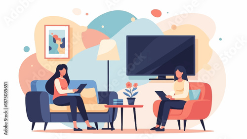 Two women relaxing in a colorful living room, each using a digital tablet, surrounded by modern decor