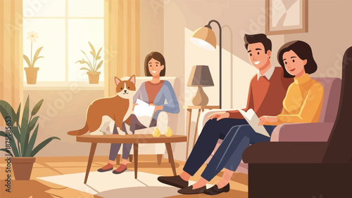 Two couples and a cat relaxing in a sunlit living room, enjoying leisure time and comfort