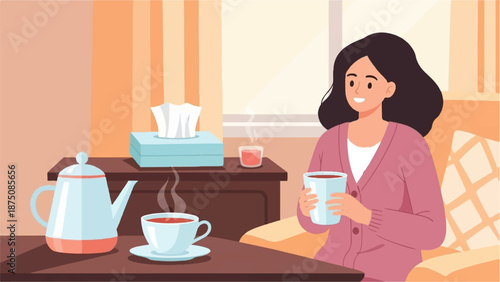 Smiling woman in pink cardigan holds mug. Table with teapot, teacup, tissue box. Cozy home scene