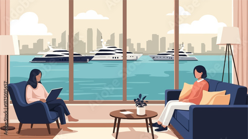 Two women relaxing in a stylish apartment overlooking a cityscape with yachts on the water
