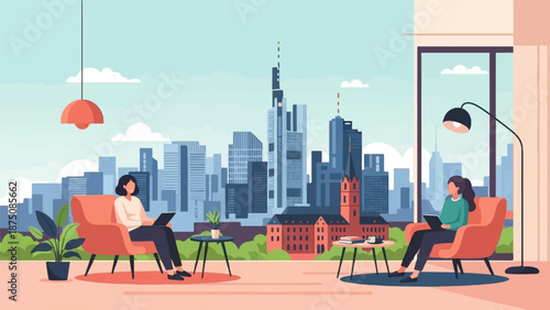 Two women relaxing in armchairs by a large window with a vibrant city skyline view, working or reading