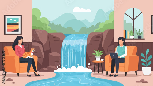Two women relaxing in armchairs in a flat design illustration, one with a dog, one on a laptop, by a waterfall