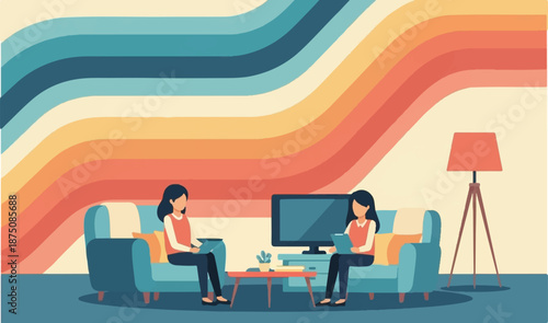Two women relaxing on sofas in a retro-style room with a colorful striped wall, using devices