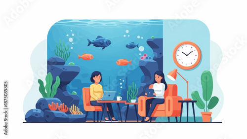 Two women work in a hybrid space one side an underwater aquarium, the other a cozy office