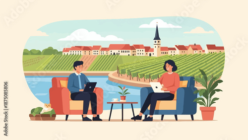 Two people work on laptops in armchairs by a river with vineyards and a village in the background