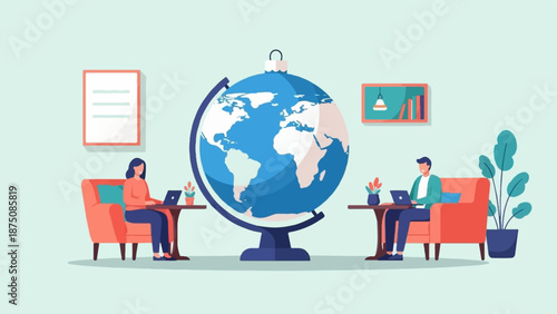 Two people work on laptops in armchairs, separated by a large globe, symbolizing global connection and remote work