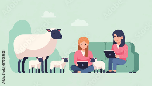Two women work on laptops amidst sheep and lambs in a minimalist, light green setting