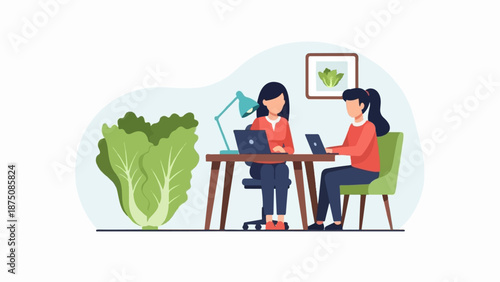 Two women work on laptops at a desk, with a large lettuce and framed salad illustration, promoting healthy work