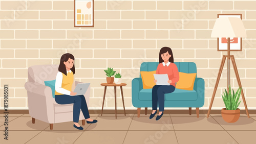 Two women work on laptops and documents from home, seated in cozy chairs amidst a brick wall, plants, and lamp