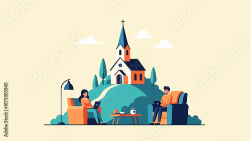 Two people work on laptops in comfortable chairs, with a peaceful church atop a green hill behind