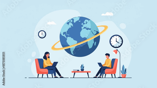 Two people work remotely on laptops, connected by a globe, symbolizing global collaboration and remote work