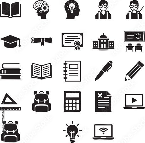 Modern education and elearning icon collection featuring student avatars laptop tablet wifi signal online classroom backpack books graduation cap diploma calculator and creative thinking symbols