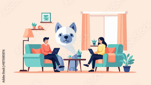 Two people work remotely on laptops in a cozy living room, a large cartoon dog head hovers between them