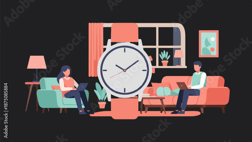 Two people work remotely on laptops in a cozy home, with a large clock representing time management