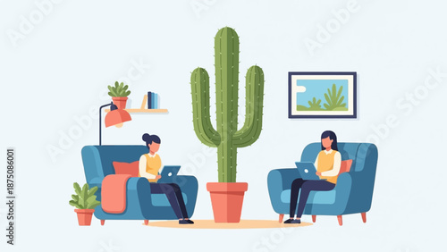 Two women working on laptops in a cozy room, each seated in a blue armchair with a large cactus in between