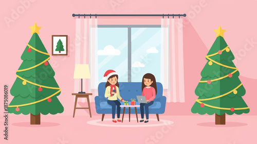 Two young women enjoying Christmas indoors, one in a Santa hat, surrounded by festive trees and gifts