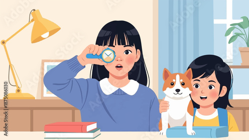 Two young children, one holding a stopwatch, and a dog pose inside a brightly lit room