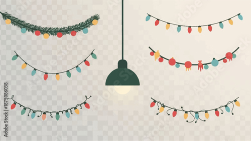 Various colorful string lights, festive garlands with pine branches and ornaments, plus a central glowing lamp