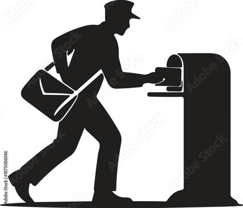 Black silhouette of a mail carrier delivering a letter to a mailbox for postal service, communication, shipping, and delivery concepts.