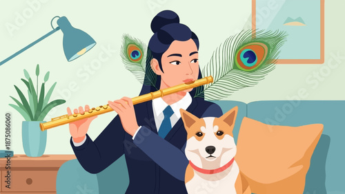 Vector illustration of a person playing flute, accompanied by a corgi dog and decorative peacock feathers