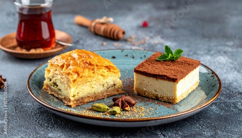 A delicious serving of Turkish desserts including baklava and cheesecake, served with tea