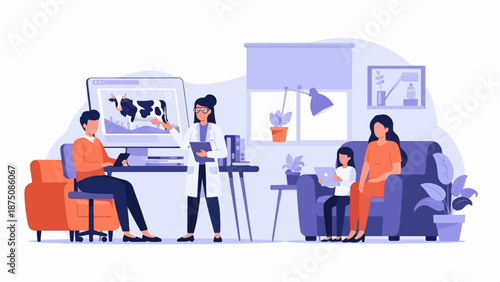 Veterinarian discussing cow health on a monitor with a farmer, while a mother and child wait in an office