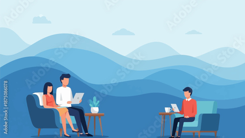 Vector illustration of people using laptops in comfortable settings against a serene blue landscape