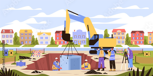 Construction workers excavator residential neighborhood infrastructure installation teamwork heavy machinery surveying safety equipment modern cityscape