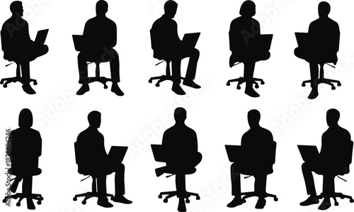 Vector silhouette collection of office workers sitting in chairs with laptops for remote work, business productivity, and corporate technology concepts.