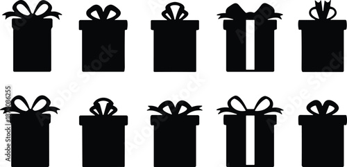 Vector silhouette collection of gift boxes with various ribbon bows for Christmas presents, birthday celebrations, holiday surprises, and shopping icons.