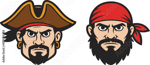 Two tough pirate captain characters with beard bandana and bicorne hat, nautical seafaring vector mascot set